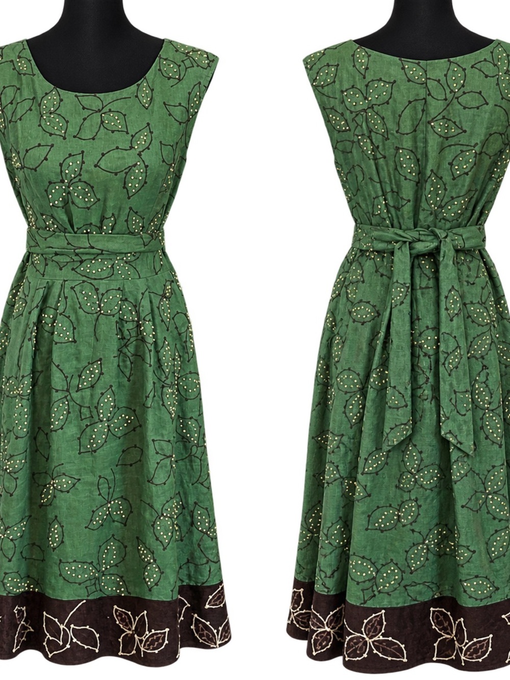 Lafayette 148 New York - Green Leaf-Print Sleeveless Midi Dress with Waist Tie